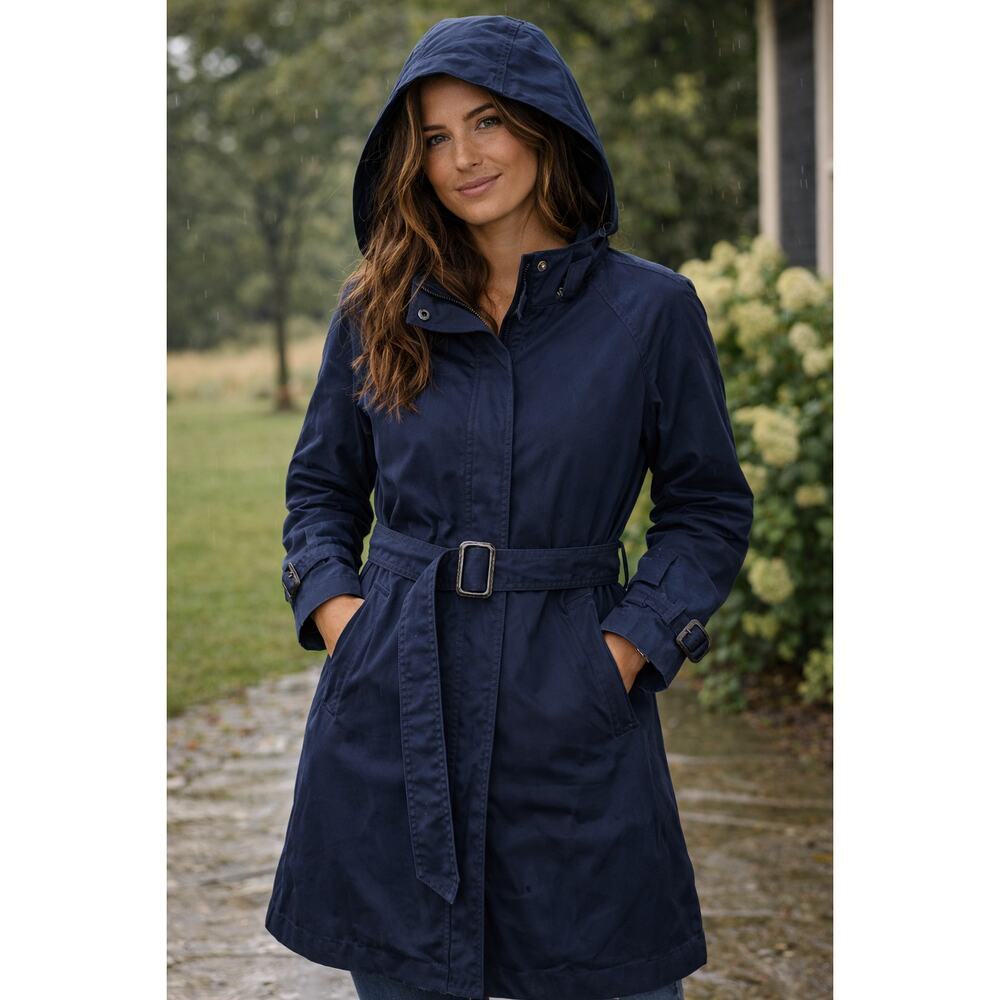 J.Crew Women Hooded Trench Coat Belted Cuffed Zip Navy Blue Cotton Size 2